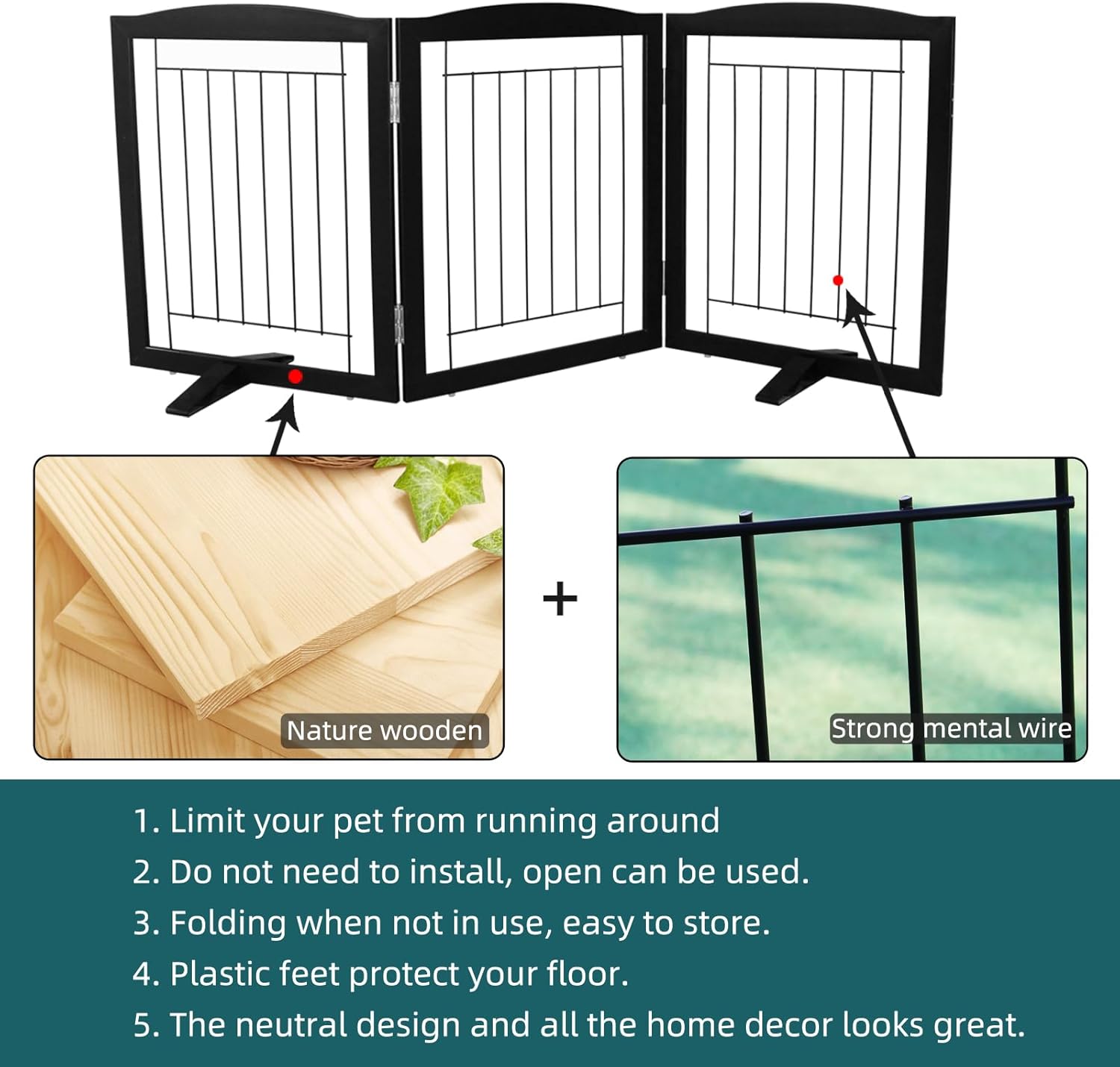 ZJSF Freestanding Dog Fence Indoor, Foldable Dog Gate for Doorways, Stairs or Hallways, Sturdy Wood Extra Wide Pet Gate with Support Feet for The House, Black, 24 Height-3 Panels